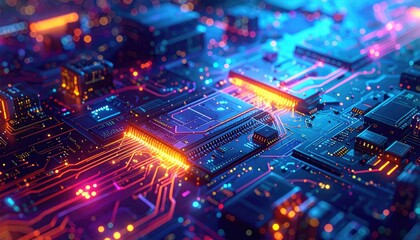 Obraz premium Detailed Abstract Circuit Board with Glowing Blue and Orange Lights Electronic Theme Technological Precision Intricate Design Pattern Futuristic Vibe