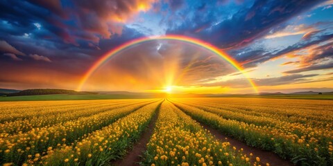 Vibrant Sunset over a Field of Yellow Blossoms with a Majestic Rainbow Arc