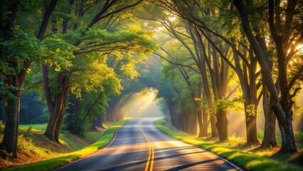 Sunlit Road Winding Through a Lush Canopy of Trees on a Misty Morning