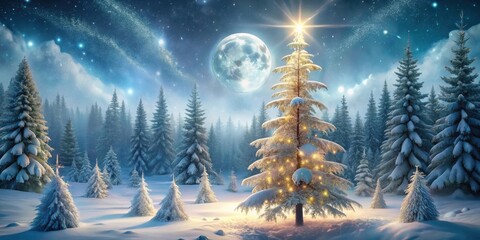 Enchanted Winter Forest with a Luminous Christmas Tree Under a Full Moon