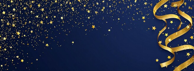 Obraz premium Gold confetti stars and ribbon on a dark blue celebration background