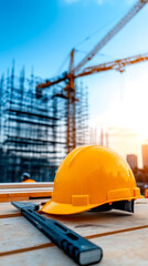 A construction site featuring a yellow hard hat and a tool in the foreground, with a crane and scaffolding in the background under a clear sky.