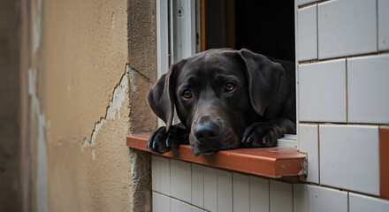 Black Labrador Resting  Calm Indoor Scene with Tiled Frame & Outdoor Gaze