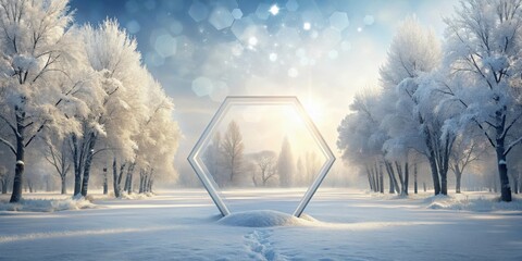 Enchanted Winter Landscape with Hexagonal Portal in a Snowy Grove