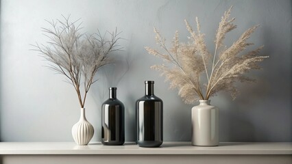 Stylish Home Decor with Dried Flowers and Dark Glass Bottles on a Shelf