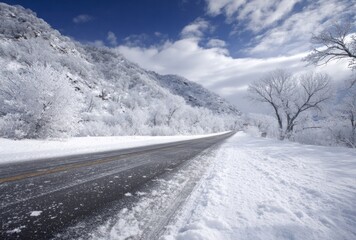 Snowy road with frosty trees, mountain backdrop under a partly cloudy sky. Fresh powder coats the landscape, evoking a serene winter scene