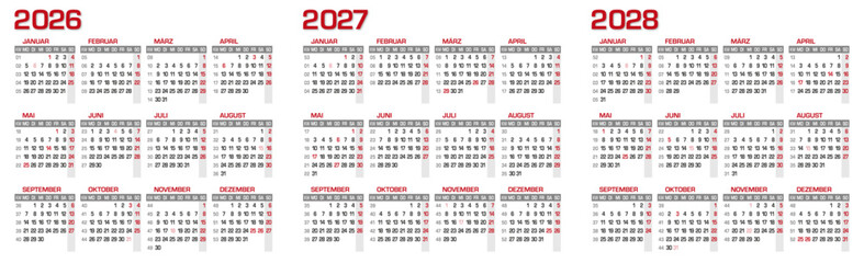 Kalender/Kalendarium f&uuml;r 2026-2027-2028_mit Feiertagen