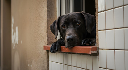 Black Dog Resting  Indoor Scene with Tiled Frame & Calm Outdoor Gaze