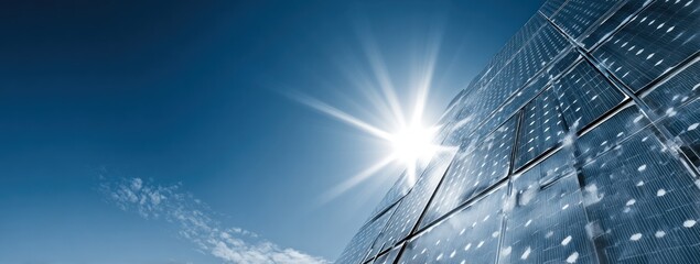 Solar panels gleam under a brilliant sun against a clear blue sky with scattered clouds, emphasizing renewable energy generation