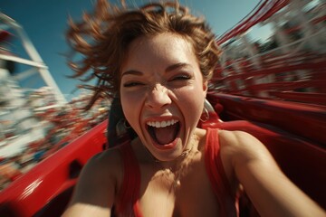 Joyful Woman on a Red Rollercoaster on a Sunny Day