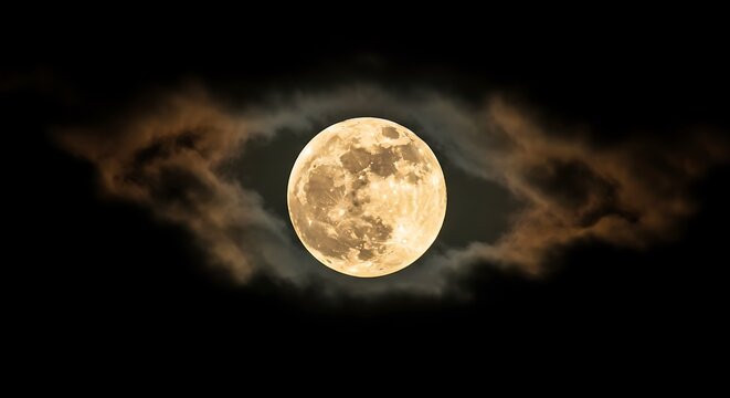 A full moon surrounded by dark clouds against a black sky creating a dramatic night scene view image