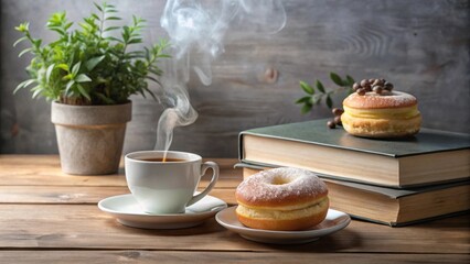 A serene morning scene featuring a steaming cup of coffee, a delectable pastry, and a stack of books on a rustic wooden table