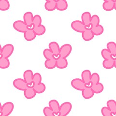 Pink groovy flower pattern background. Cute groovy floral pattern background. Pink blossom seamless pattern. Seamless patterns with doodle pink flowers.