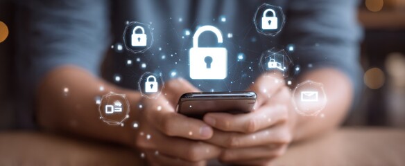 Person holding a phone with floating security icons, focus on unlocked padlock symbol