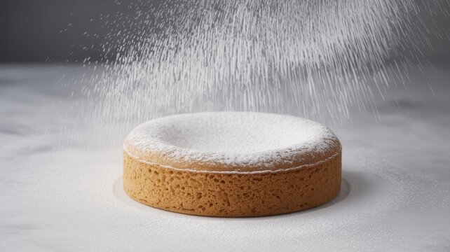 Delicate cake being dusted with a flurry of powdered sugar for a sweet treat, ready for elegant dessert plating and creative baking