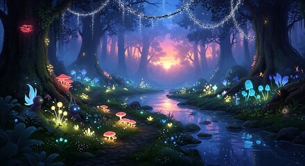 Magical Forest with Stream and Glowing Plants at Dusk