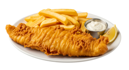 Crispy fried fish and chips are served on a white plate, a side of creamy sauce and lemon enhance the meal.