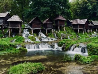 JAJCE, BOSNIA AND HERZEGOVINA, 09.10.2025, Watermills of Jajce located in the Plivsko Jezero Park