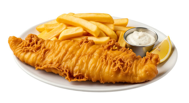 Crispy fried fish and chips are served on a white plate, a side of creamy sauce and lemon enhance the meal.