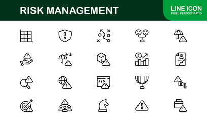 Professional Risk Management Icons with Minimal Line Art Covering Safety, Strategy, Compliance, and Analysis