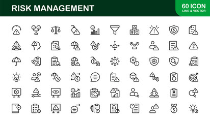 Professional Risk Management Icons with Minimal Line Art Covering Safety, Strategy, Compliance, and Analysis