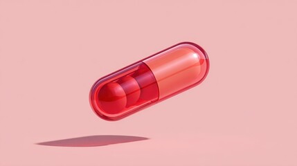 A single, translucent, orange capsule containing spherical fillings, floating against a soft pink background, casting a subtle shadow