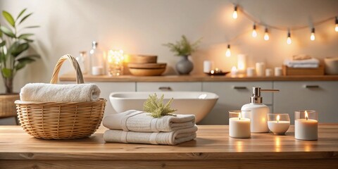 Serene Spa Setting Soft Towels, Candles, and a Wooden Surface