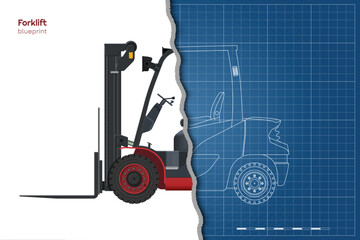 Red forklift drawing. Outline cargo loader. Side, front and top view of industrial machine. 3D model of warehouse transport. Logistic vehicle blueprint