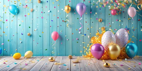 A Festive Celebration Scene with Balloons, Confetti, and Sparkling Accents on a Wooden Floor