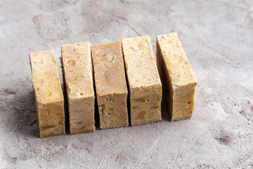 Handmade soap made from recycled vegetable oil, saponification process