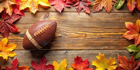 Autumnal Football Game Day Background Featuring a Rustic Wooden Surface Decorated with Vibrant Fall Leaves and a Classic Pigskin
