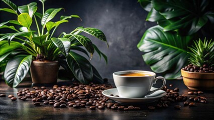 Aromatic Coffee in a White Cup Surrounded by Lush Green Foliage and Roasted Coffee Beans on a Dark Wooden Surface