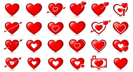 Red Heart Icons Set in Flat and Glossy Vector Style Isolated on Transparent Background for Love, Romance, Valentine, Wedding, and Decorative Design Elements