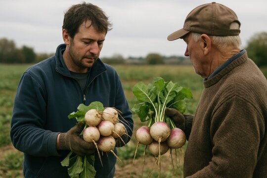 Farmers inspecting fresh turnips.