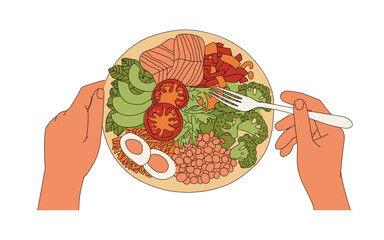 Top view of a plate with food and hands holding a fork. Dish with salmon, greens, vegetables, tomatoes, eggs, avocado, broccoli. plate with salad. Vector illustration isolated on white. Flat style.