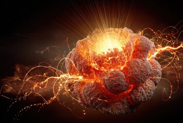 An abstracted render of a cellular structure exploding with glowing energy and radiant beams on a dark background with smoky tendrils