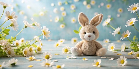 A fluffy bunny toy sits amidst a field of daisies on a light blue wooden surface, creating a whimsical spring scene.