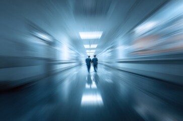 Two figures in blue scrubs walk down a brightly lit, sterile corridor. The dynamic perspective creates motion blur, evoking a sense of urgency