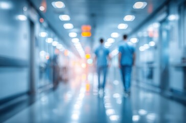 Blurred image of two figures walking down a brightly lit, modern hallway with blue walls and tiled floor. Impressionistic, sterile atmosphere