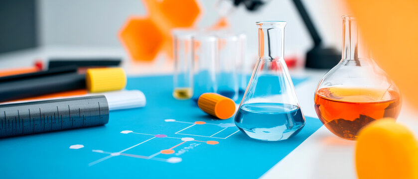 A vibrant laboratory scene featuring various glassware, colorful liquids, and scientific diagrams on a blue background, highlighting the essence of chemistry.
