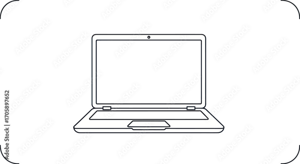 Poster simple line drawing of an open laptop computer with blank screen.