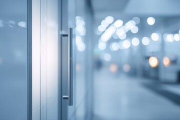 Blurred view of an interior hallway, seen through a glass door with a stainless steel handle. Toned in cool blues and whites with bokeh lights