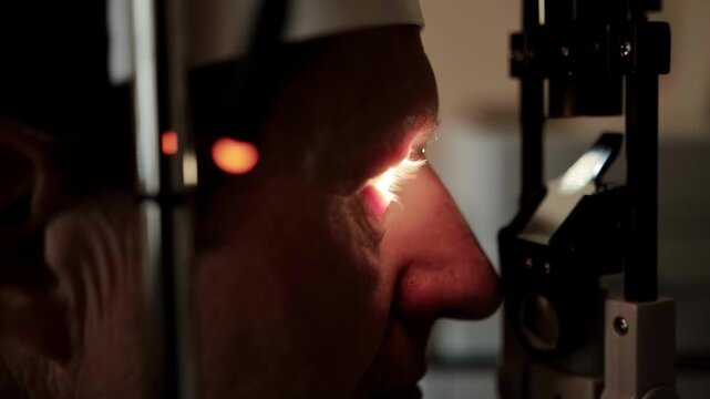 Doctor ophthalmologist checks vision of male patient slit lamp in infrared spectrum with special device. Optical system of eye, background.
