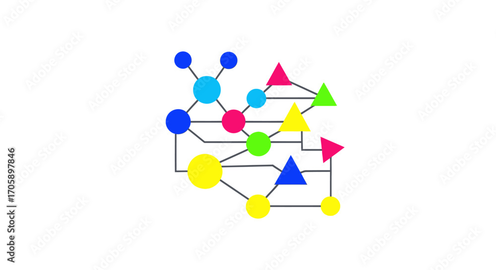 Aufkleber a colorful abstract network diagram with interconnected geometric shapes and nodes.