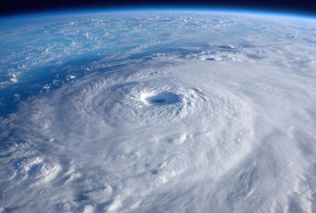 Aerial view of a massive swirling hurricane, displaying a clear eye and impressive cloud formations against a deep blue Earth's curvature