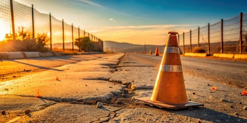 Golden Hour on a Weathered Roadway A Single Traffic Cone Stands Sentinel at Sunset