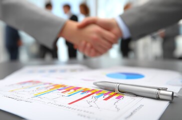 Business deal focus charts, pen, and handshake against blurry office background with colleagues