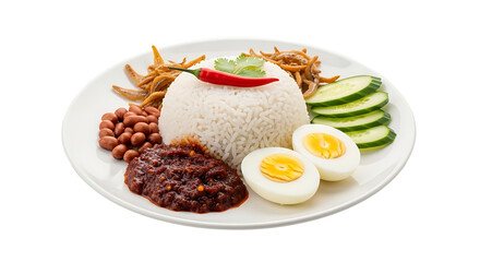 A plate of nasi lemak, a flavorful Malaysian dish, features a mound of fragrant rice, complemented by spicy sambal, crunchy anchovies, boiled eggs, and fresh cucumber slices.