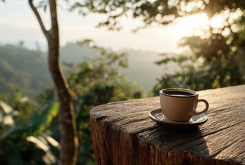 Coffee cup on rustic wooden table with misty mountain vista bathed in golden sunlight. Peaceful, serene, and natural beauty