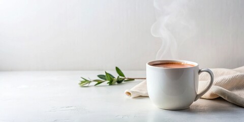 Aromatic Steam Rising from a Warm Beverage in a White Mug Beside a Soft Fabric and Greenery